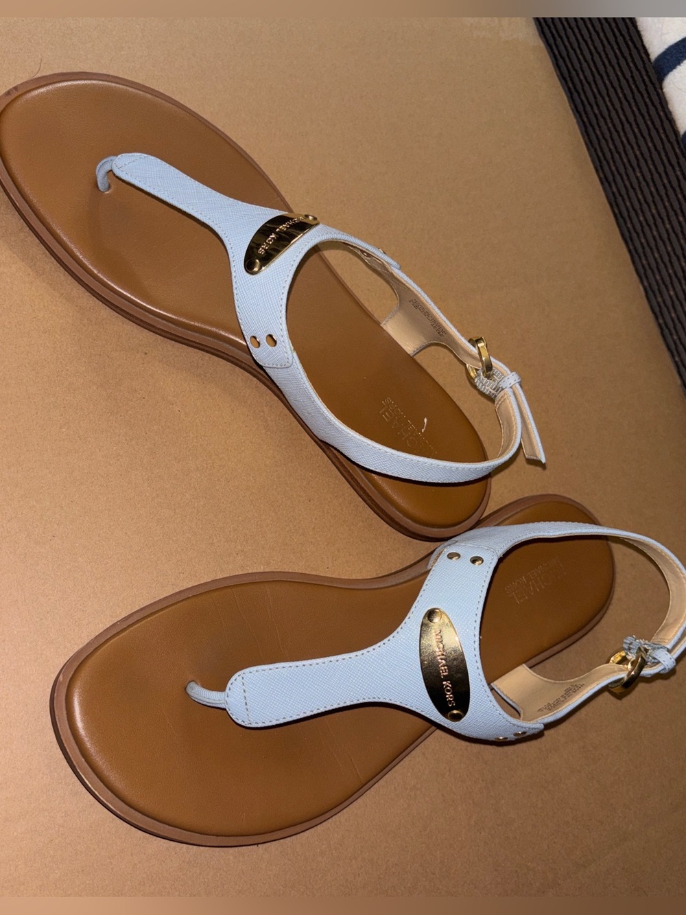 Michael Kors White Leather T-Strap Sandals with Gold Plate